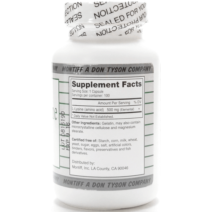 Montiff Pure L-Lysine 500 mg 100 capsules supplement facts label