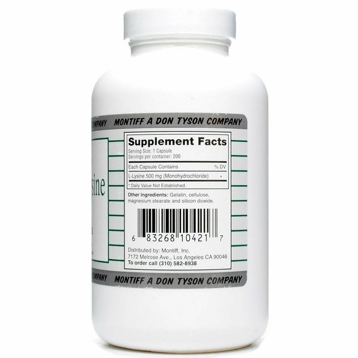 Montiff Pure L-Lysine 500 mg 200 capsules supplement facts label