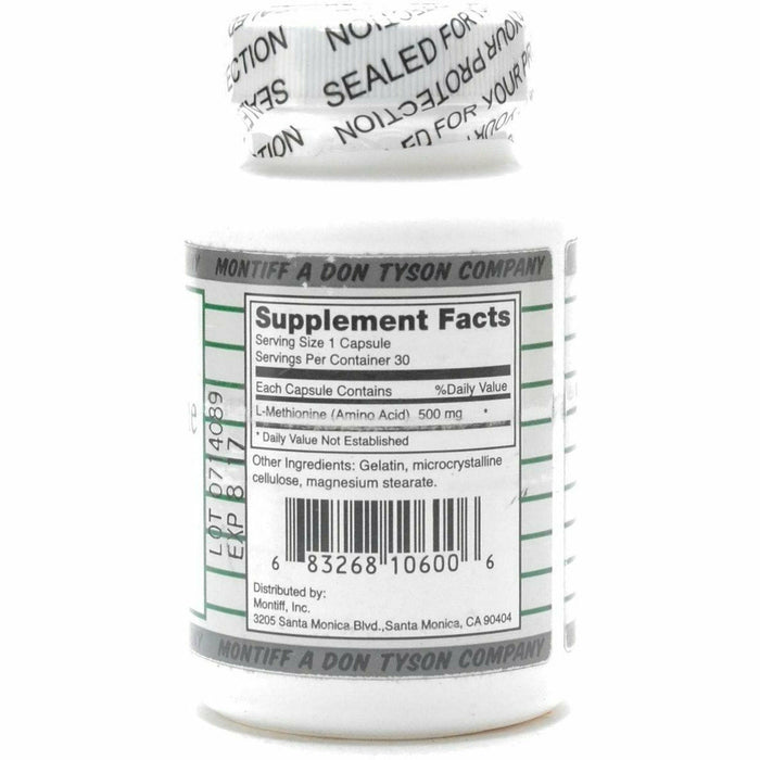 Montiff Pure L-Methionine 500 mg 30 capsules supplement facts label