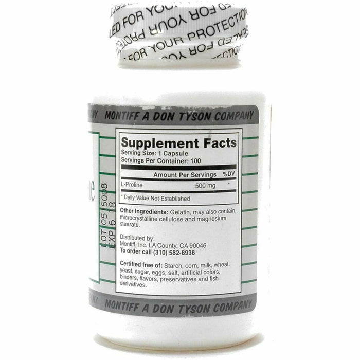 Montiff Pure L-Proline 500 mg 100 capsules supplement facts label