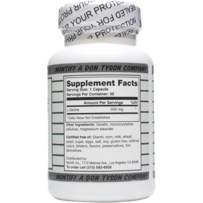 Montiff Pure L-Serine 500 mg 50 capsules supplement facts label