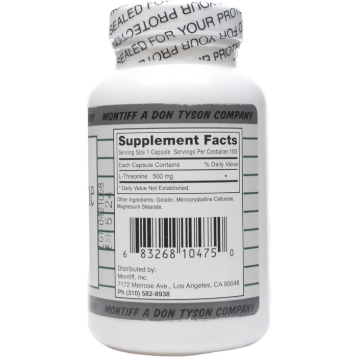 Montiff Pure L-Threonine 500 mg 100 capsules supplement facts label