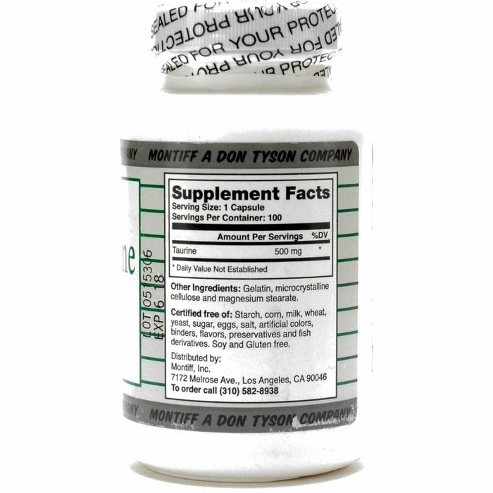 Montiff Pure Taurine 500 mg 100 capsules supplement facts label