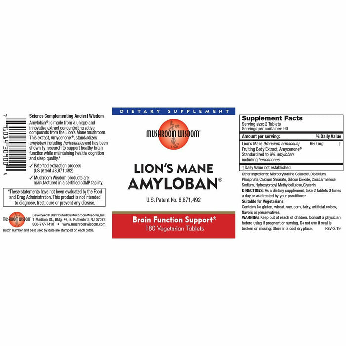 Mushroom Wisdom Lion's Mane Amyloban 180 vegetarian tablets full label with supplement facts