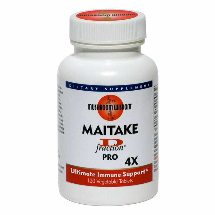 Mushroom Wisdom Maitake D-Fraction Pro 4X, 120 vegetarian tablets, front of bottle