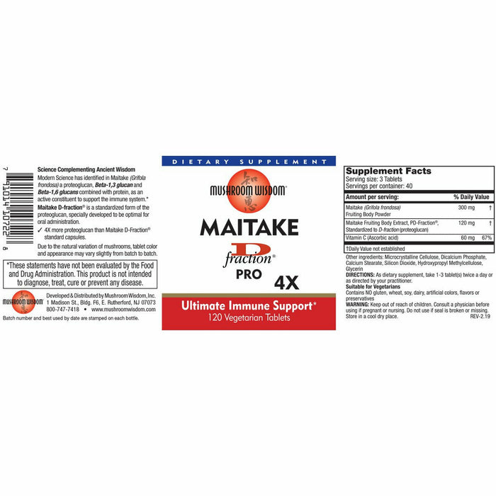 Mushroom Wisdom Maitake D-Fraction Pro 4X 120 vegetarian tablets full label with supplement facts