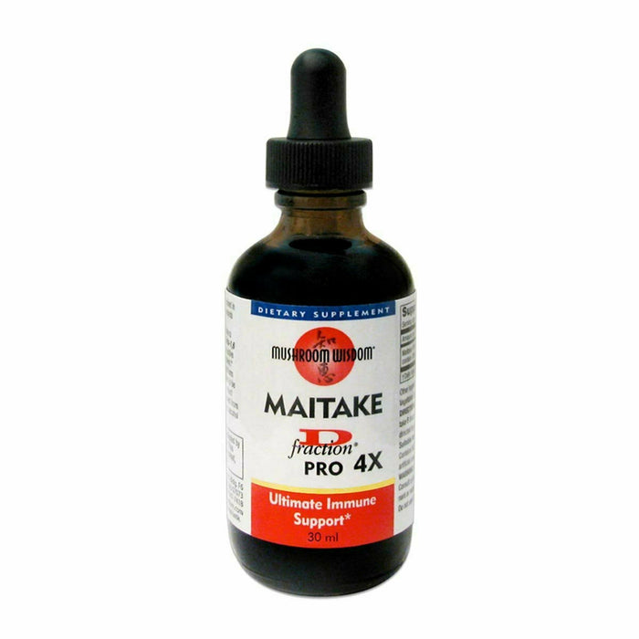 Mushroom Wisdom Maitake D-Fraction Pro 4X Liquid, 1 fl oz (30 ml), front of dropper bottle
