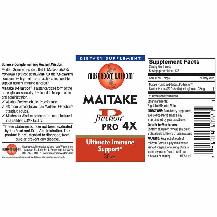 Mushroom Wisdom Maitake D-Fraction Pro 4X Liquid 1 fl oz (30 ml) full label with supplement facts