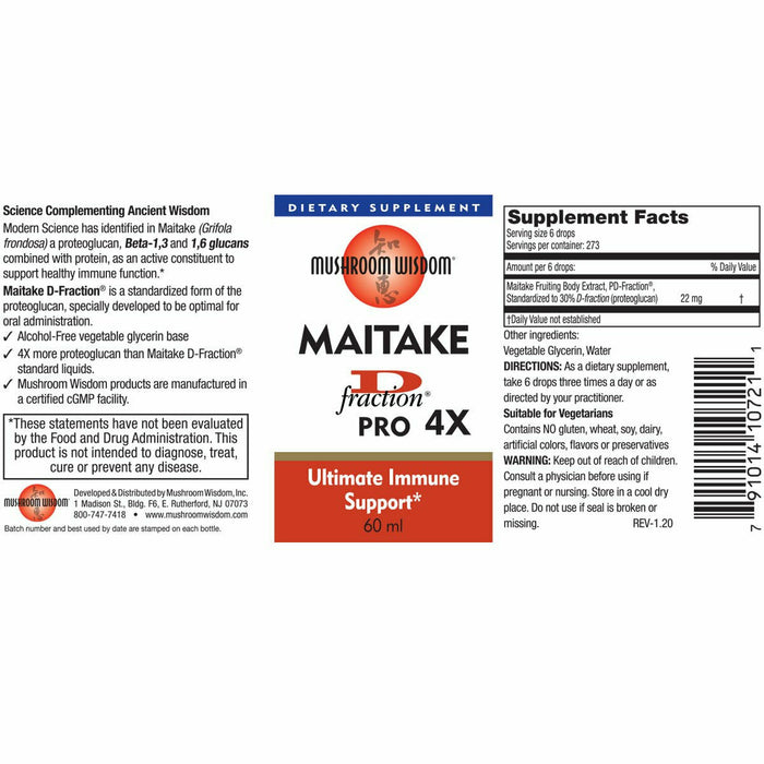 Mushroom Wisdom Maitake D-Fraction Pro 4X Liquid 2 fl oz (60 ml) full label with supplement facts