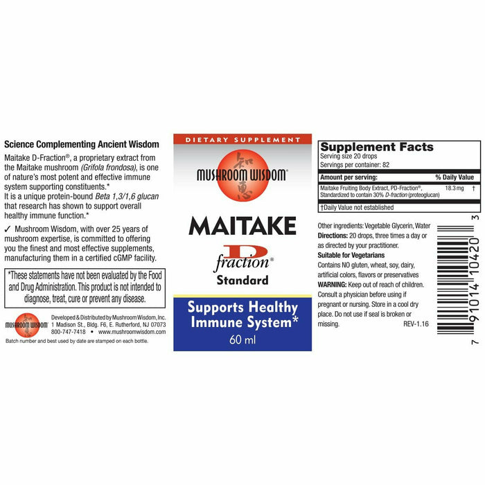 Mushroom Wisdom Maitake D-Fraction Standard Liquid 2 fl oz (60 ml) full label with supplement facts