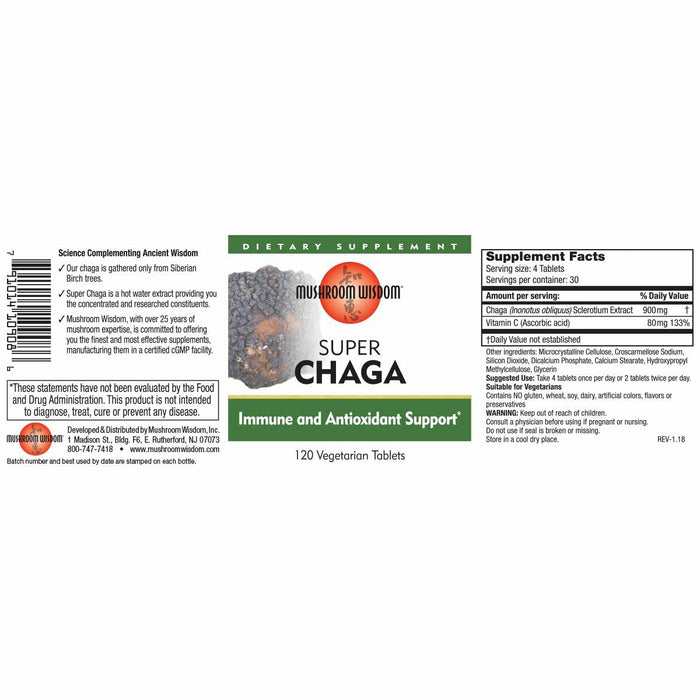 Mushroom Wisdom Super Chaga 120 vegetarian tablets full label with supplement facts