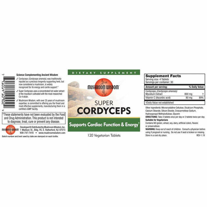 Mushroom Wisdom Super Cordyceps 120 vegetarian tablets full label with supplement facts