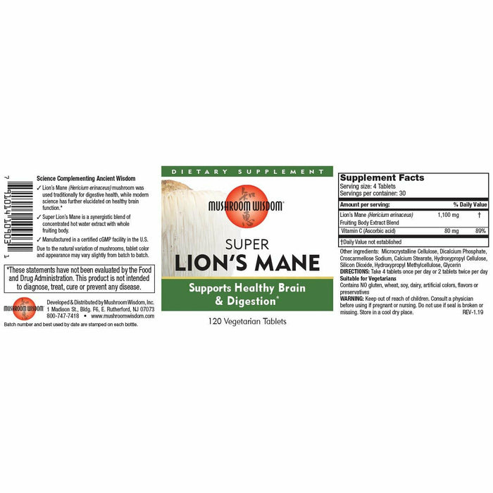 Mushroom Wisdom Super Lion's Mane 120 vegetarian tablets full label with supplement facts
