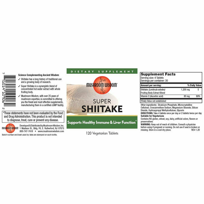 Mushroom Wisdom Super Shiitake 120 vegetarian tablets full label with supplement facts