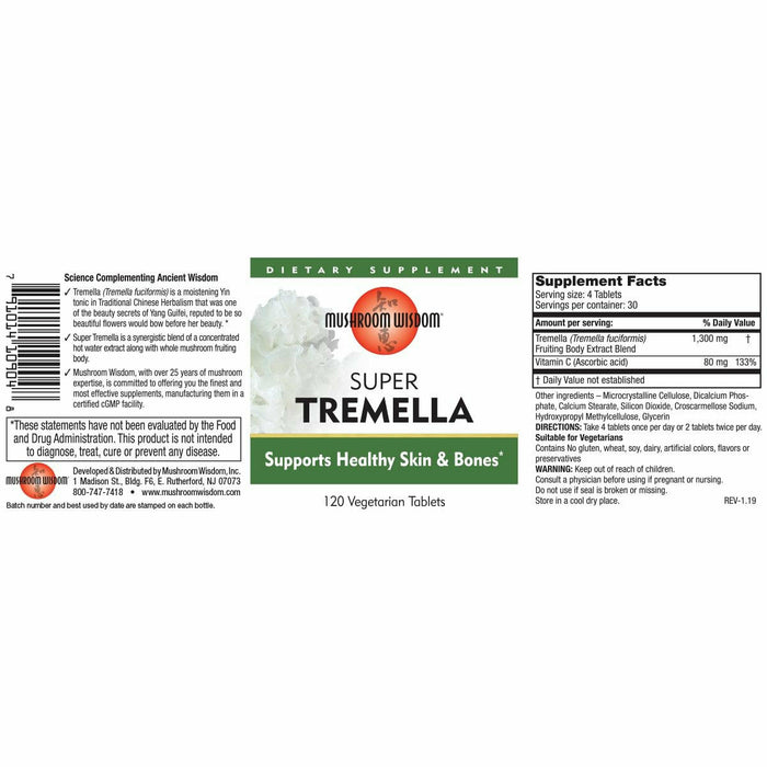 Mushroom Wisdom Super Tremella 120 vegetarian tablets full label with supplement facts