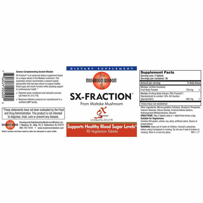 Mushroom Wisdom SX-Fraction 90 vegetarian tablets full label with supplement facts