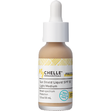 MyChelle Dermaceuticals Sun Shield Liquid SPF 50 Light/Medium, 1 fl oz, front of dropper bottle