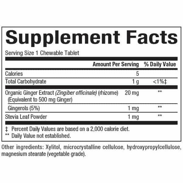Natural Factors Chewable Ginger 500 mg 90 chewable tablets supplement facts label
