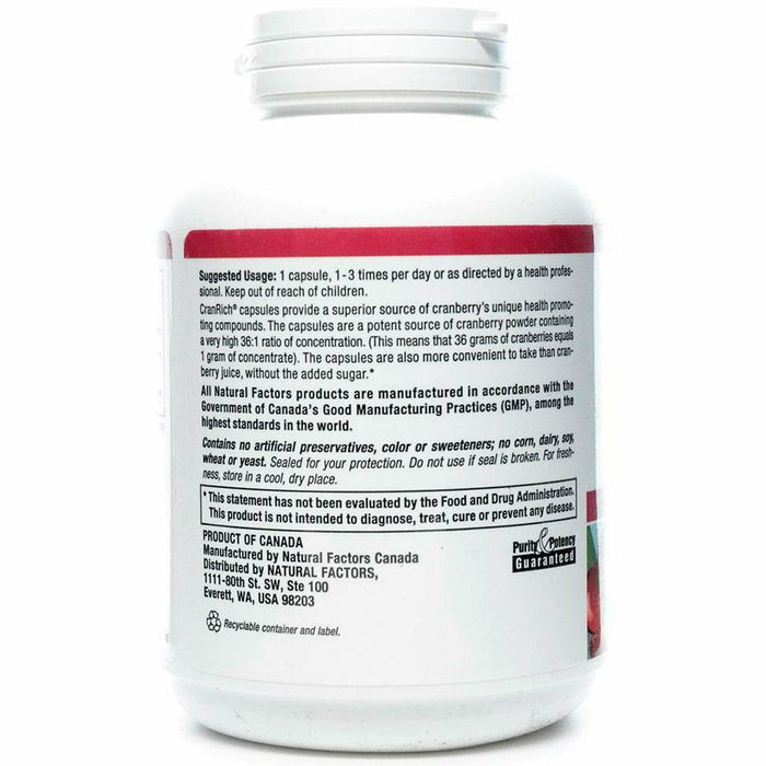 Natural Factors CranRich Super Strength Cranberry Concentrate 500 mg 180 capsules side label