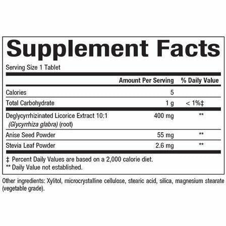 Natural Factors DGL Deglycyrrhizinated Licorice 400 mg 180 chewable tablets supplement facts label