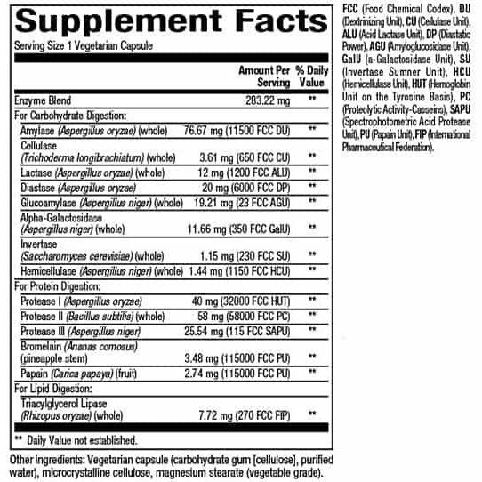 Natural Factors High Potency Multi Enzyme Vegetarian Formula 60 veg capsules supplement facts label