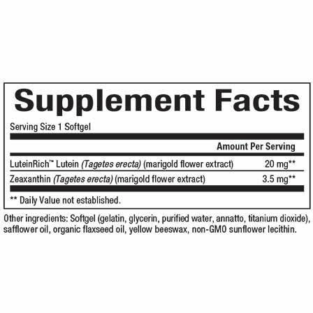 Natural Factors Lutein 20 mg 30 softgels supplement facts label