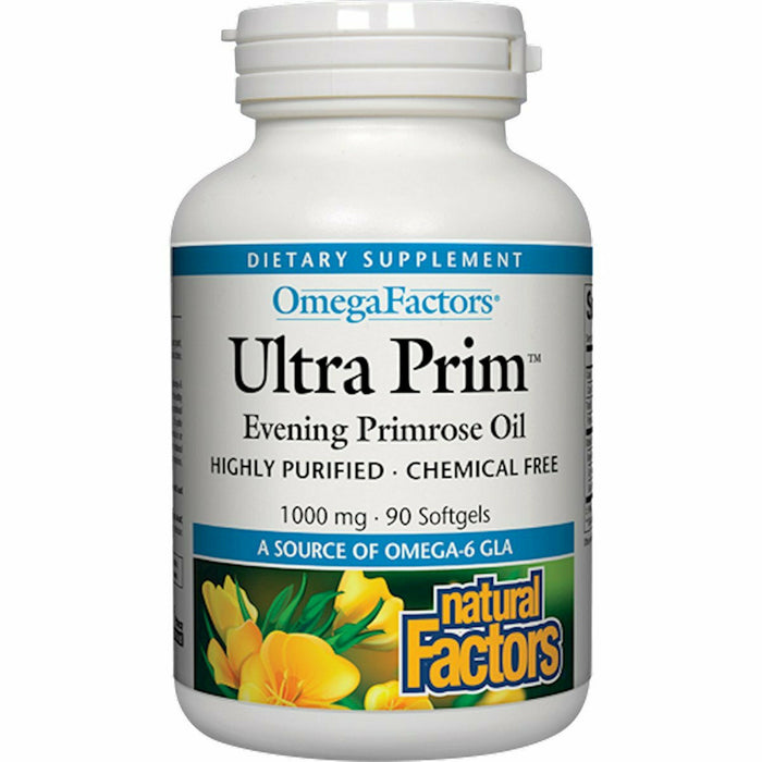 Natural Factors OmegaFactors Ultra Prim Evening Primrose Oil 1000 mg, 90 softgels, front of bottle