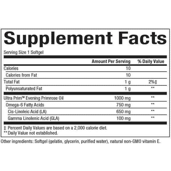 Natural Factors OmegaFactors Ultra Prim Evening Primrose Oil 1000 mg 90 softgels supplement facts label