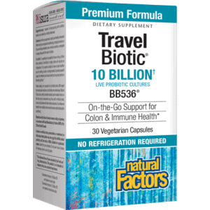 Natural Factors TravelBiotic 10 Billion, 60 veg capsules, front of box