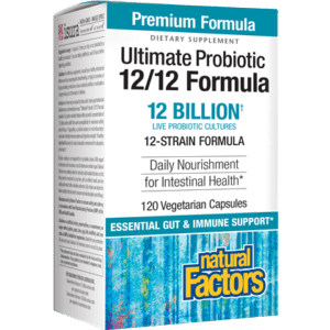 Natural Factors Ultimate Probiotic 12/12 Formula 12 Billion, 60 veg capsules, front of box