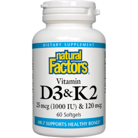 Natural Factors Vitamin D3 and K2, 60 softgels, front of bottle