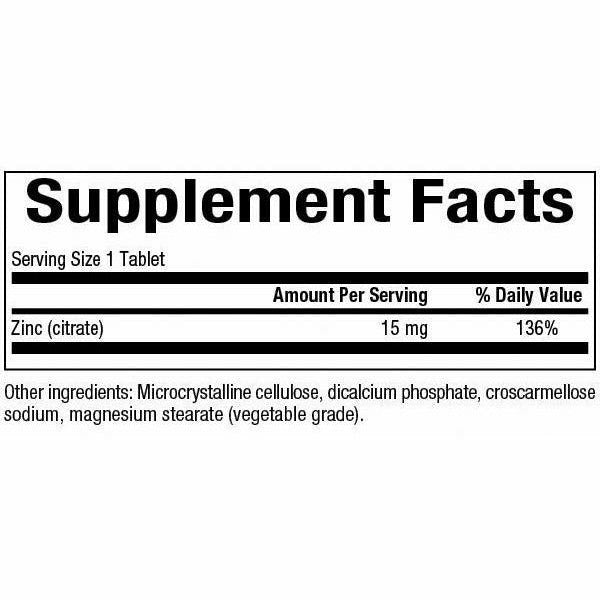 Natural Factors Zinc Citrate 15 mg 90 tablets supplement facts label