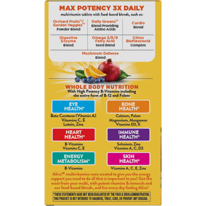 Nature's Way Alive! Max3 Daily Multi 90 tablets label information panel