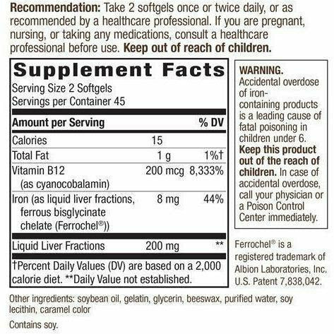 Nature's Way Energizing Iron 90 softgels supplement facts label