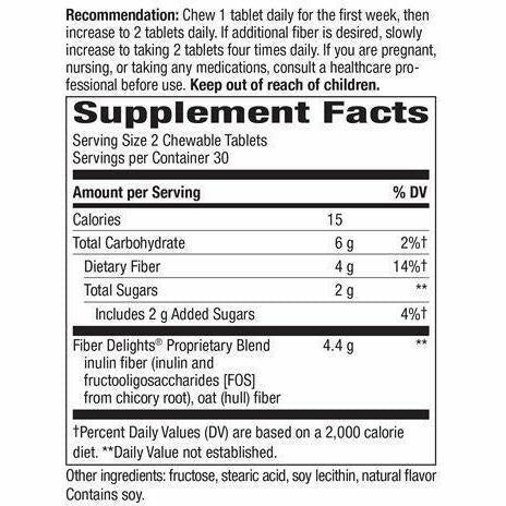 Nature's Way Fiber Delights Vanilla 60 chewables supplement facts label