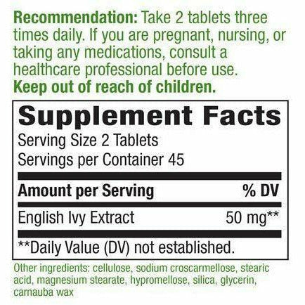Nature's Way Ivy Extract 50 mg 90 tablets supplement facts label