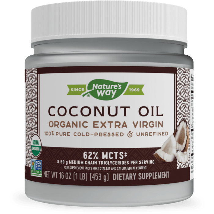 Nature's Way Organic Extra Virgin Coconut Oil, 16 oz, front of jar