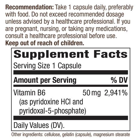 Nature's Way Vitamin B6 50 mg 100 capsules supplement facts label