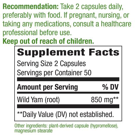 Nature's Way Wild Yam Root 425 mg 100 capsules supplement facts label