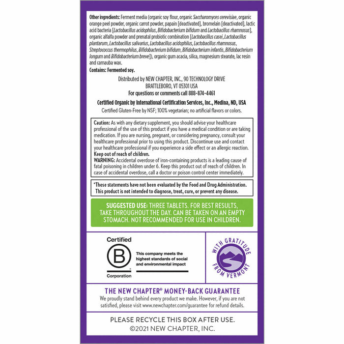 New Chapter Advanced Perfect Prenatal Multivitamin suggested use label