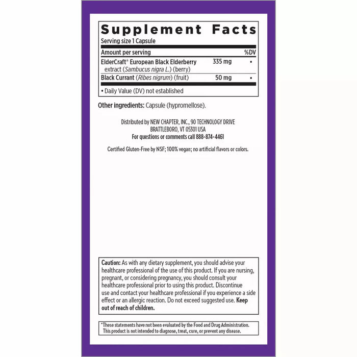 New Chapter Elderberry Force 335 mg 30 veg capsules supplement facts label