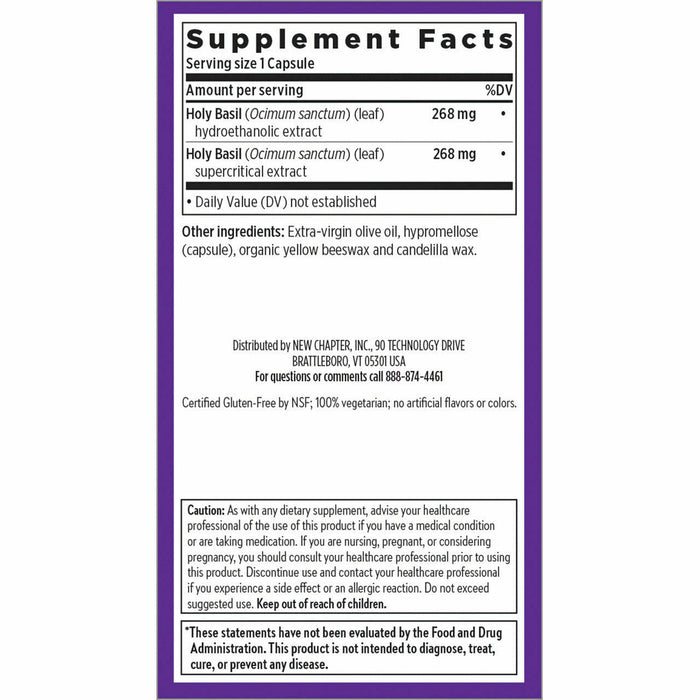 New Chapter Holy Basil Force 120 liquid veg capsules supplement facts label