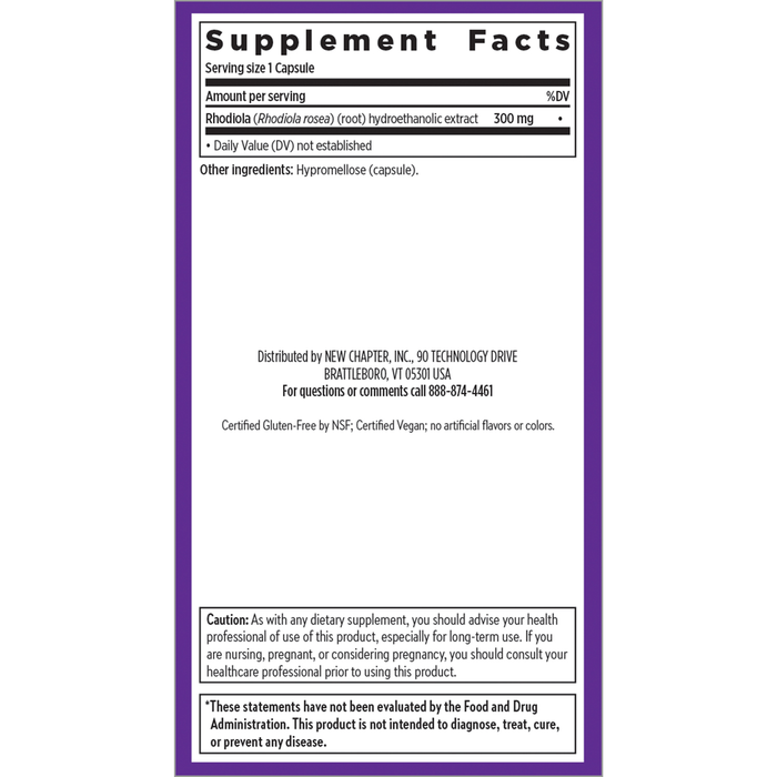 New Chapter Rhodiola Force 300 mg 30 veg capsules supplement facts label