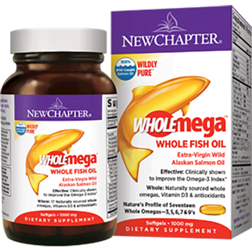 New Chapter Wholemega 1,000 mg, 180 softgels, front of bottle and box