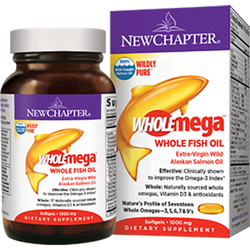 New Chapter Wholemega 1,000 mg, 60 softgels, front of bottle and box