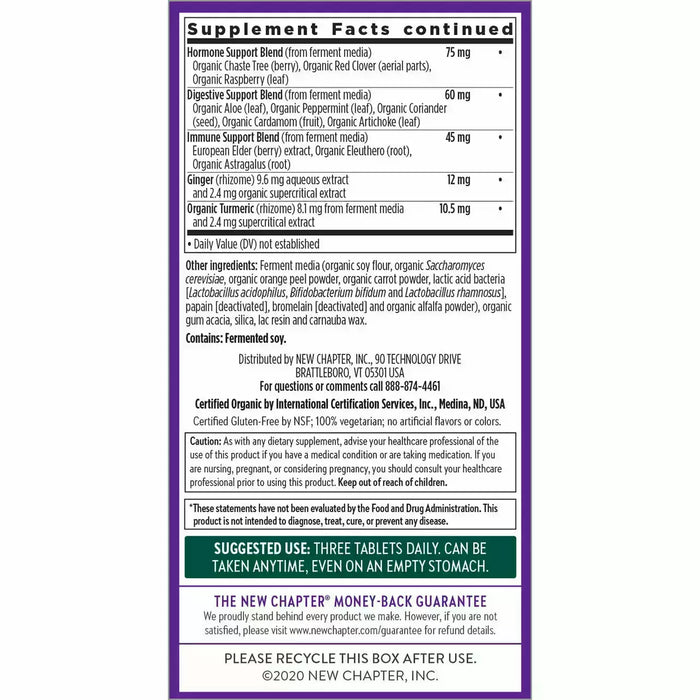 New Chapter Women's 40+ Advanced Multivitamin 96 tablets supplement facts label, second view