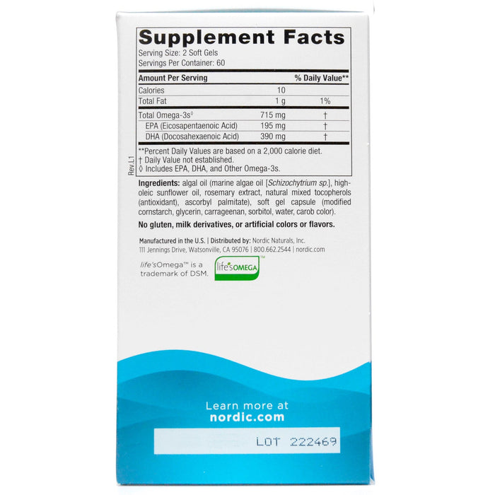 Nordic Naturals, Algae Omega 120 soft gels Supplement Facts Label