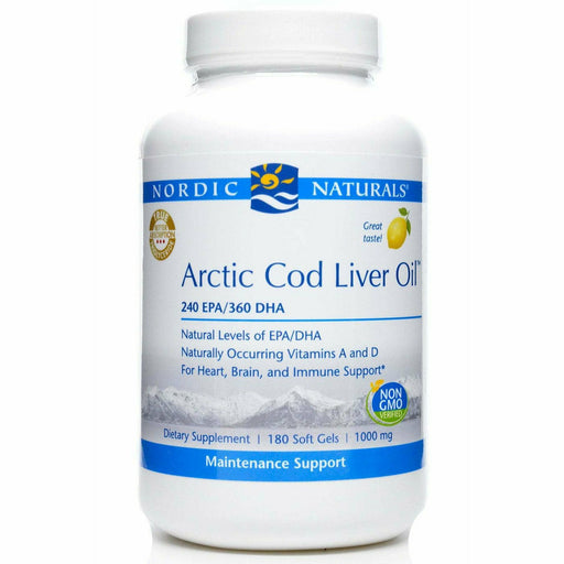 Nordic Naturals Arctic Cod Liver Oil 240EPA/360DHA, 180 softgels, front of bottle