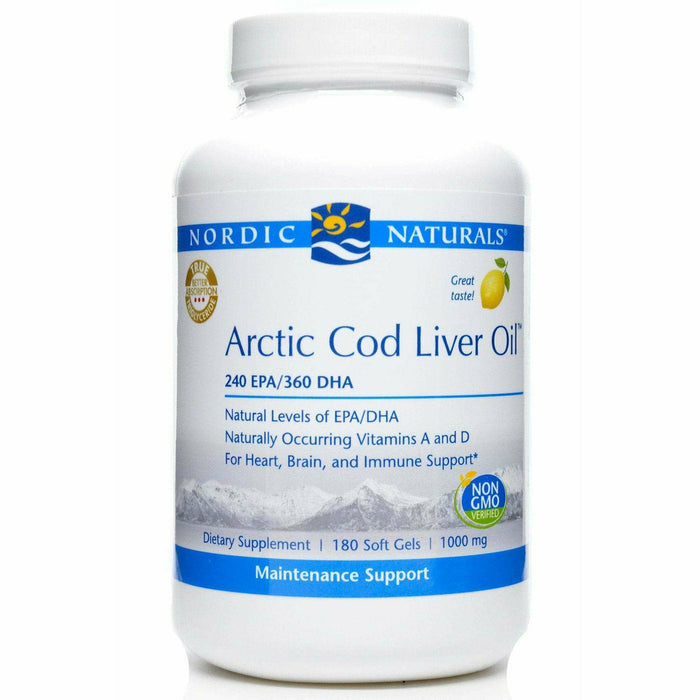 Nordic Naturals Arctic Cod Liver Oil 240EPA/360DHA, 180 softgels, front of bottle