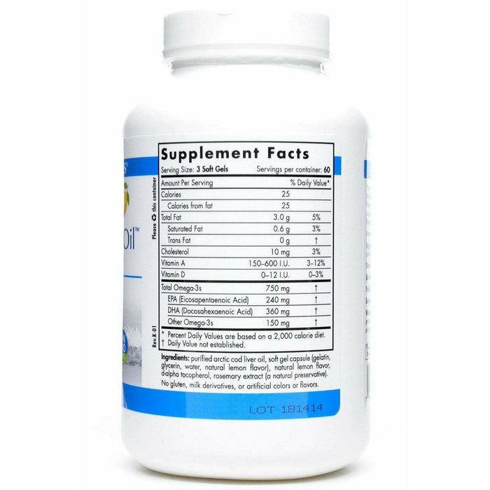 Nordic Naturals Arctic Cod Liver Oil 240EPA/360DHA 180 softgels supplement facts label